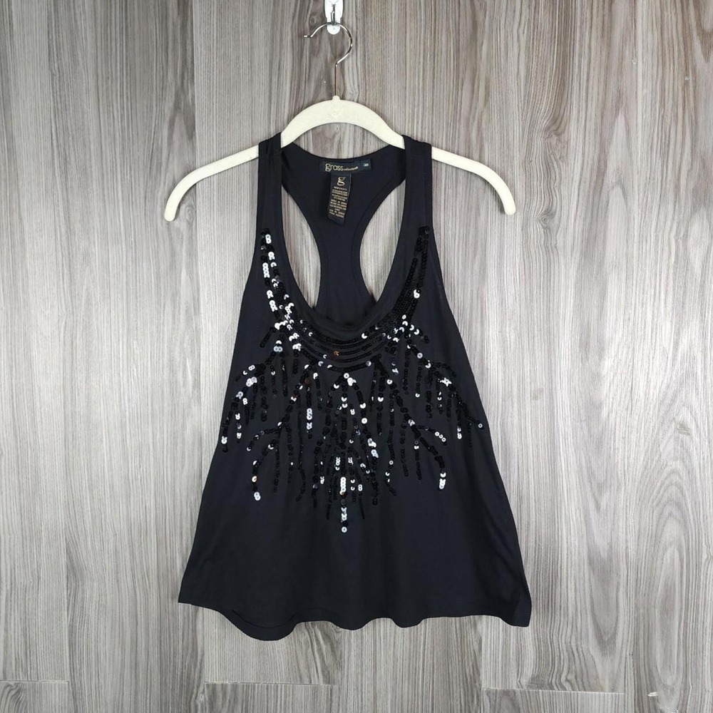 Grass Collection Black Sequin Racerback Tank Top Small 1K230T Sunburst Embellish